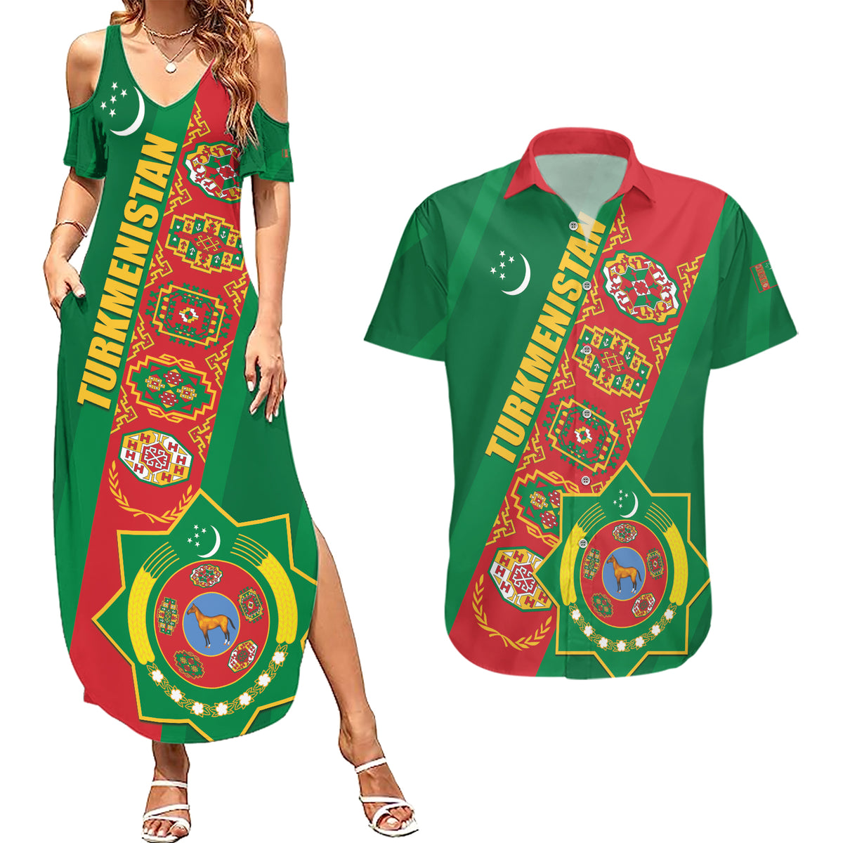 Turkmenistan Flag Day Couples Matching Summer Maxi Dress and Hawaiian Shirt Turkmenistan Bitaraplygyn watanydyr - Shopicos
