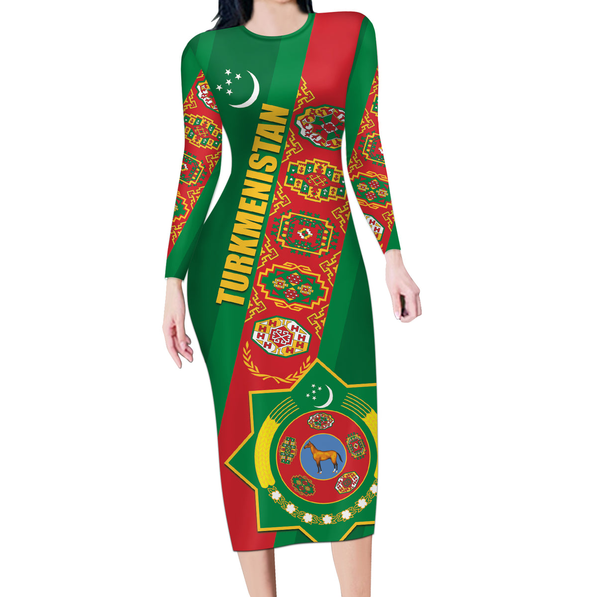 Turkmenistan Flag Day Long Sleeve Bodycon Dress Turkmenistan Bitaraplygyn watanydyr - Shopicos