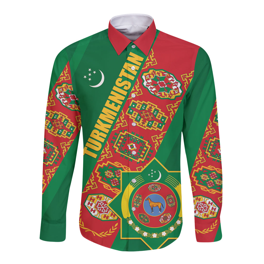 Turkmenistan Flag Day Long Sleeve Button Shirt Turkmenistan Bitaraplygyn watanydyr - Shopicos