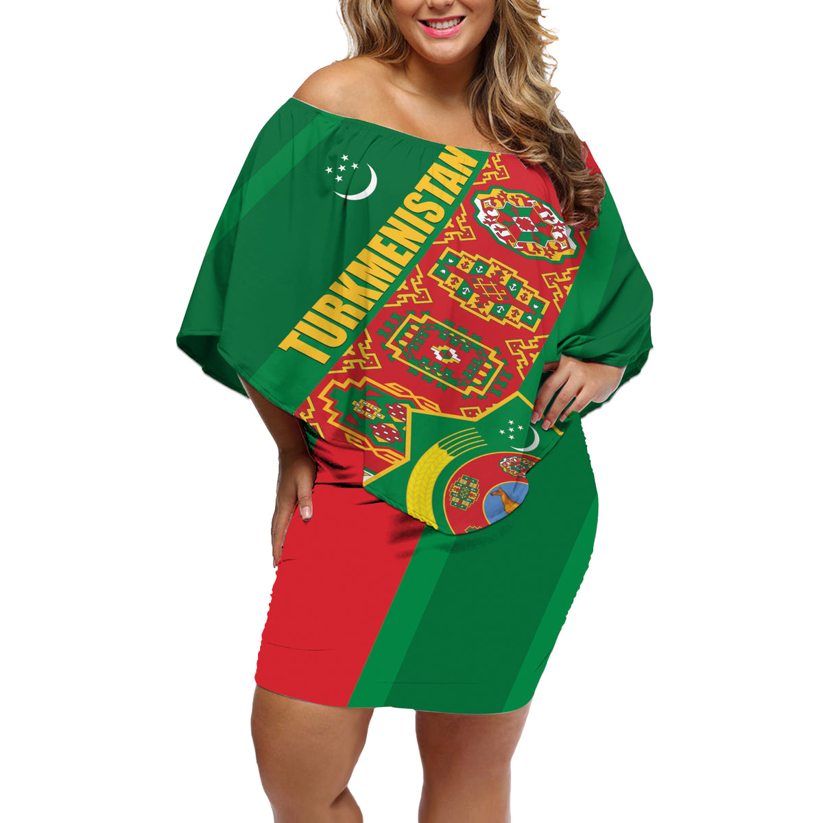 Turkmenistan Flag Day Off Shoulder Short Dress Turkmenistan Bitaraplygyn watanydyr - Shopicos