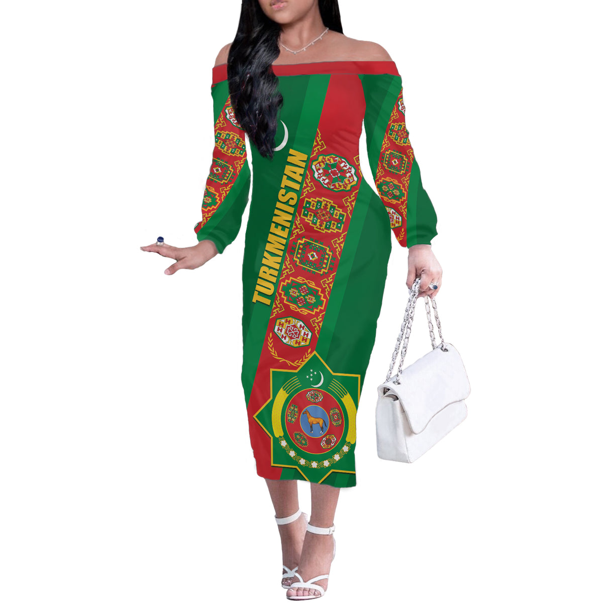 Turkmenistan Flag Day Off The Shoulder Long Sleeve Dress Turkmenistan Bitaraplygyn watanydyr - Shopicos