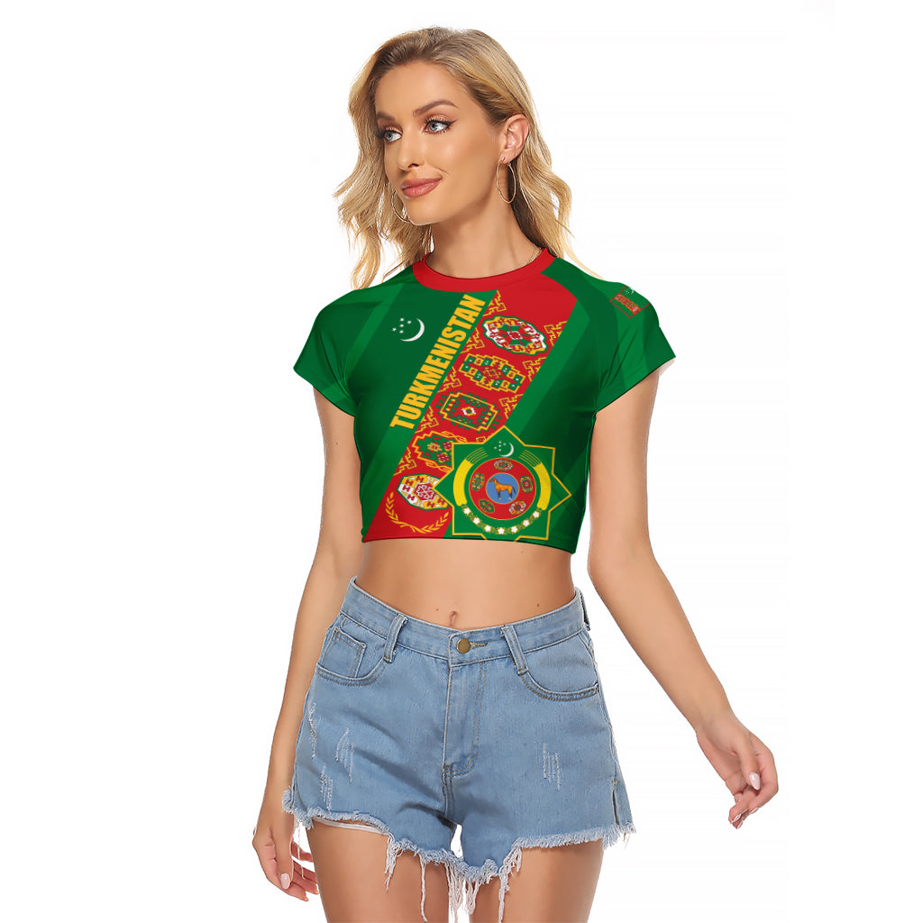 Turkmenistan Flag Day Raglan Cropped T Shirt Turkmenistan Bitaraplygyn watanydyr - Shopicos