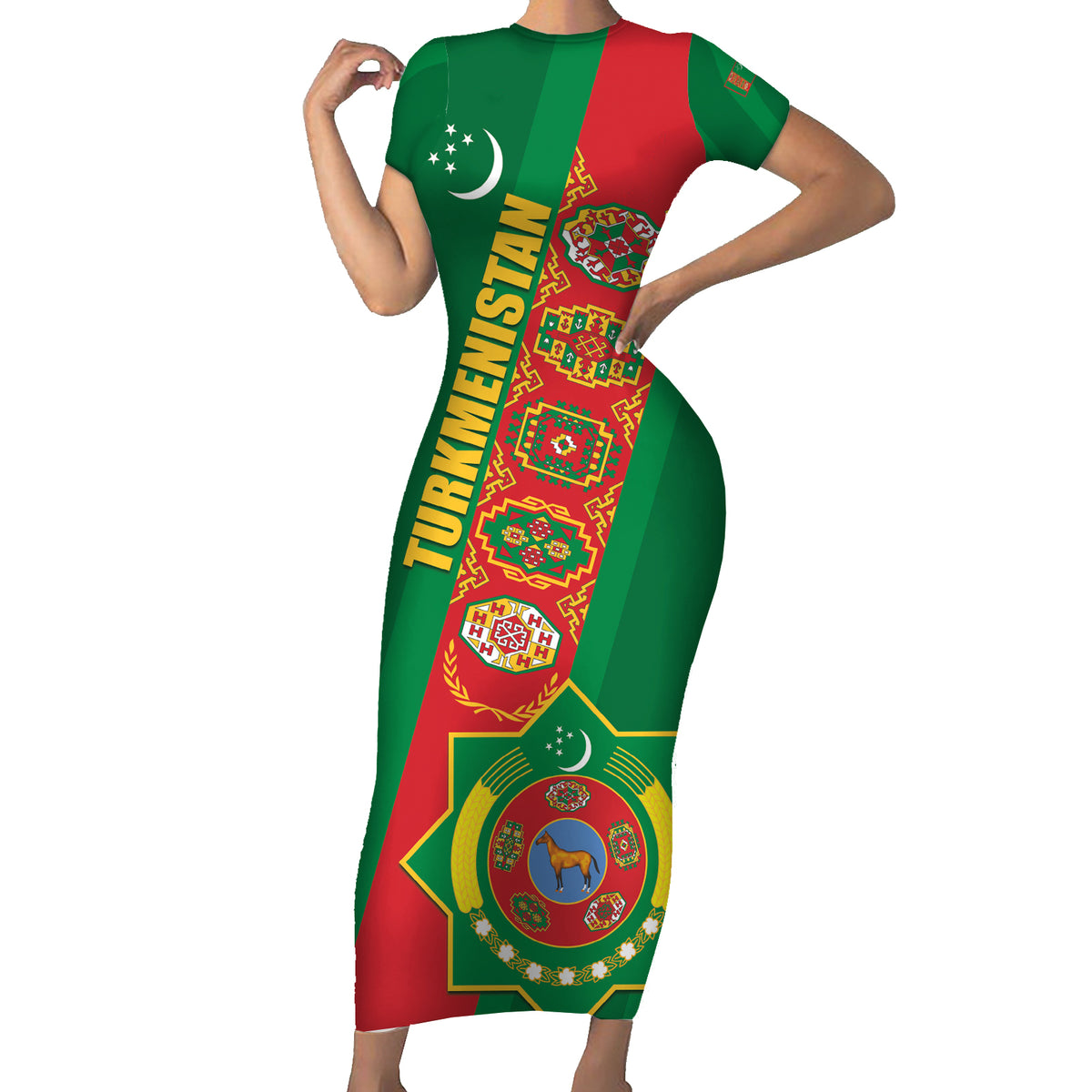 Turkmenistan Flag Day Short Sleeve Bodycon Dress Turkmenistan Bitaraplygyn watanydyr - Shopicos
