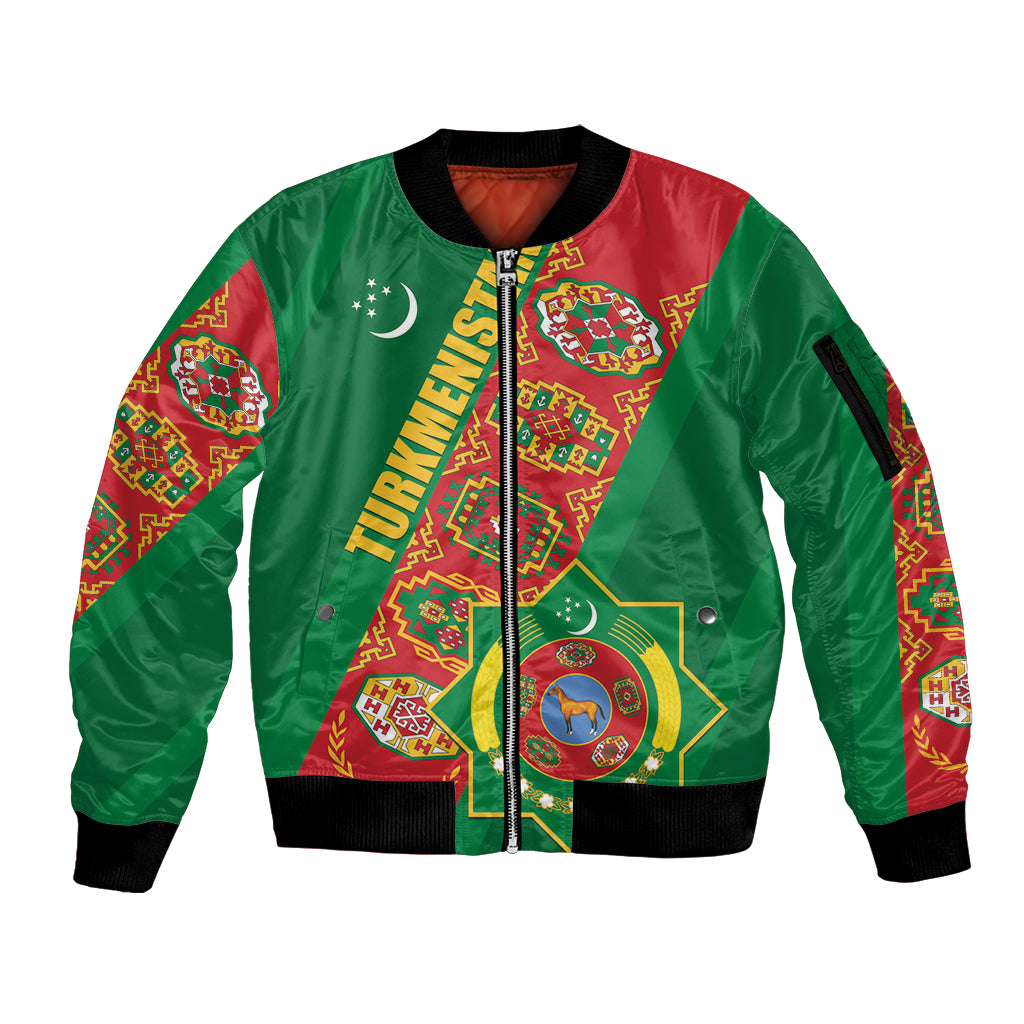 Turkmenistan Flag Day Sleeve Zip Bomber Jacket Turkmenistan Bitaraplygyn watanydyr - Shopicos
