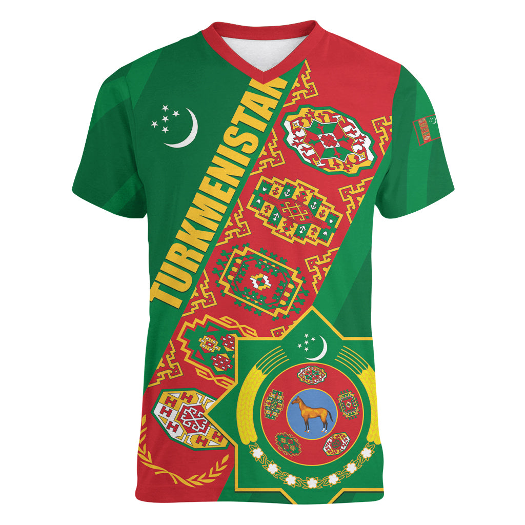 Turkmenistan Flag Day Women V-Neck T-Shirt Turkmenistan Bitaraplygyn watanydyr - Shopicos