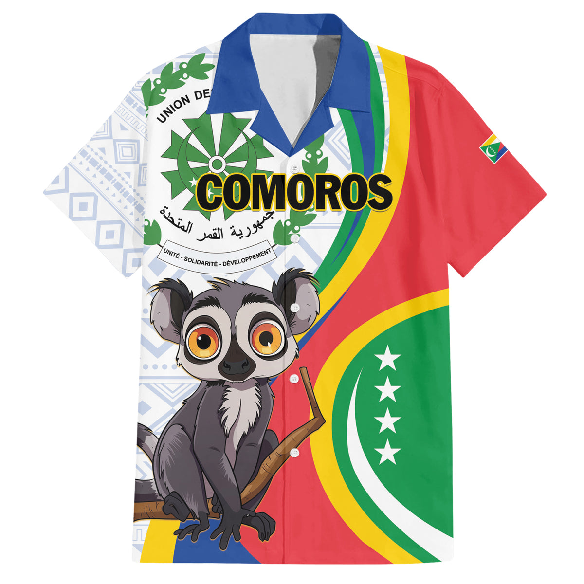 Comoros Independence Day Hawaiian Shirt 1975 Komori Mongoose Lemur African Pattern - Shopicos
