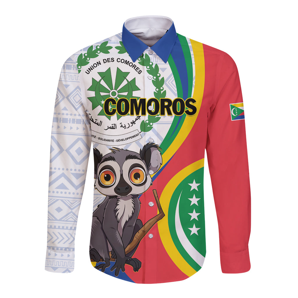 Comoros Independence Day Long Sleeve Button Shirt 1975 Komori Mongoose Lemur African Pattern - Shopicos