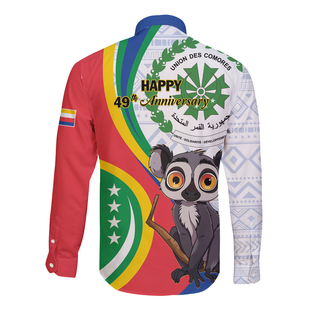 Comoros Independence Day Long Sleeve Button Shirt 1975 Komori Mongoose Lemur African Pattern - Shopicos