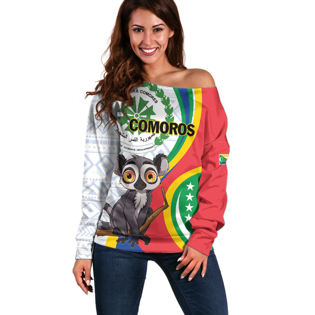 Comoros Independence Day Off Shoulder Sweater 1975 Komori Mongoose Lemur African Pattern - Shopicos