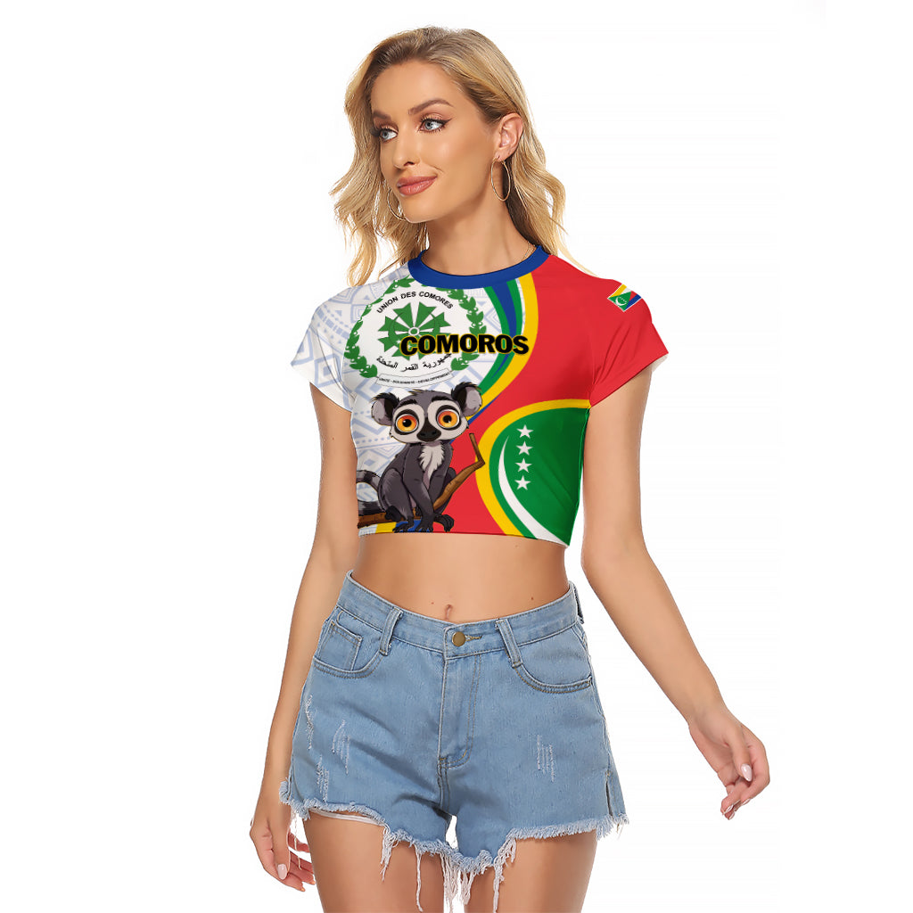 Comoros Independence Day Raglan Cropped T Shirt 1975 Komori Mongoose Lemur African Pattern - Shopicos