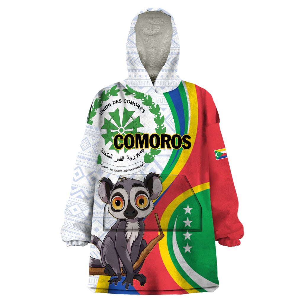 Comoros Independence Day Wearable Blanket Hoodie 1975 Komori Mongoose Lemur African Pattern - Shopicos