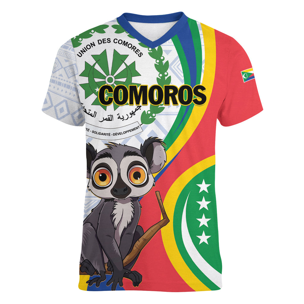 Comoros Independence Day Women V-Neck T-Shirt 1975 Komori Mongoose Lemur African Pattern - Shopicos