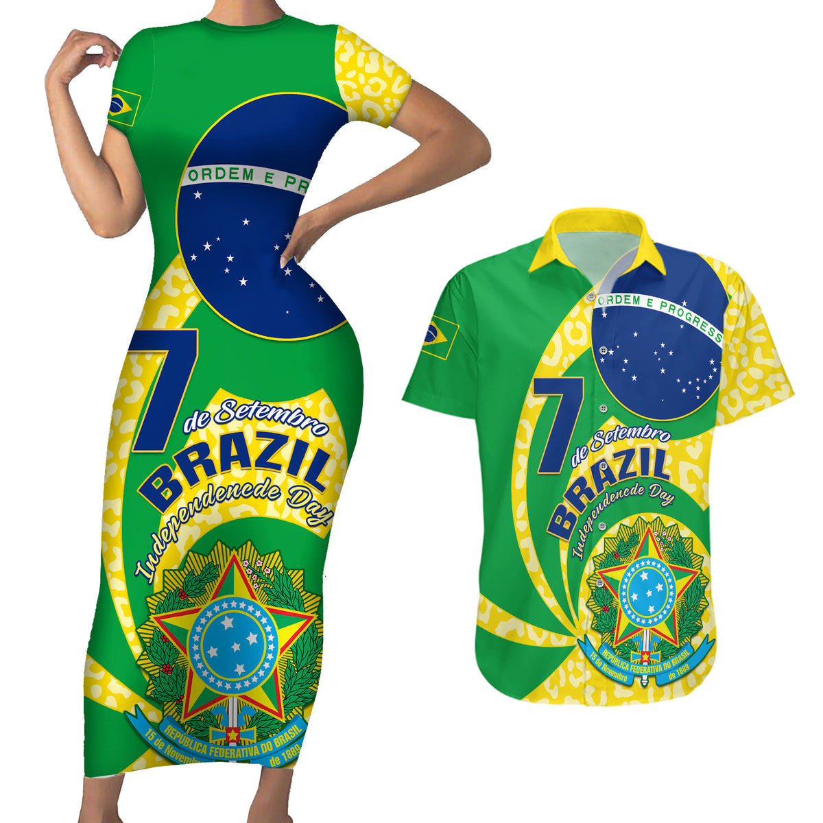 Brazil Independence Day Couples Matching Short Sleeve Bodycon Dress and Hawaiian Shirt Sete de Setembro Flag Style - Shopicos