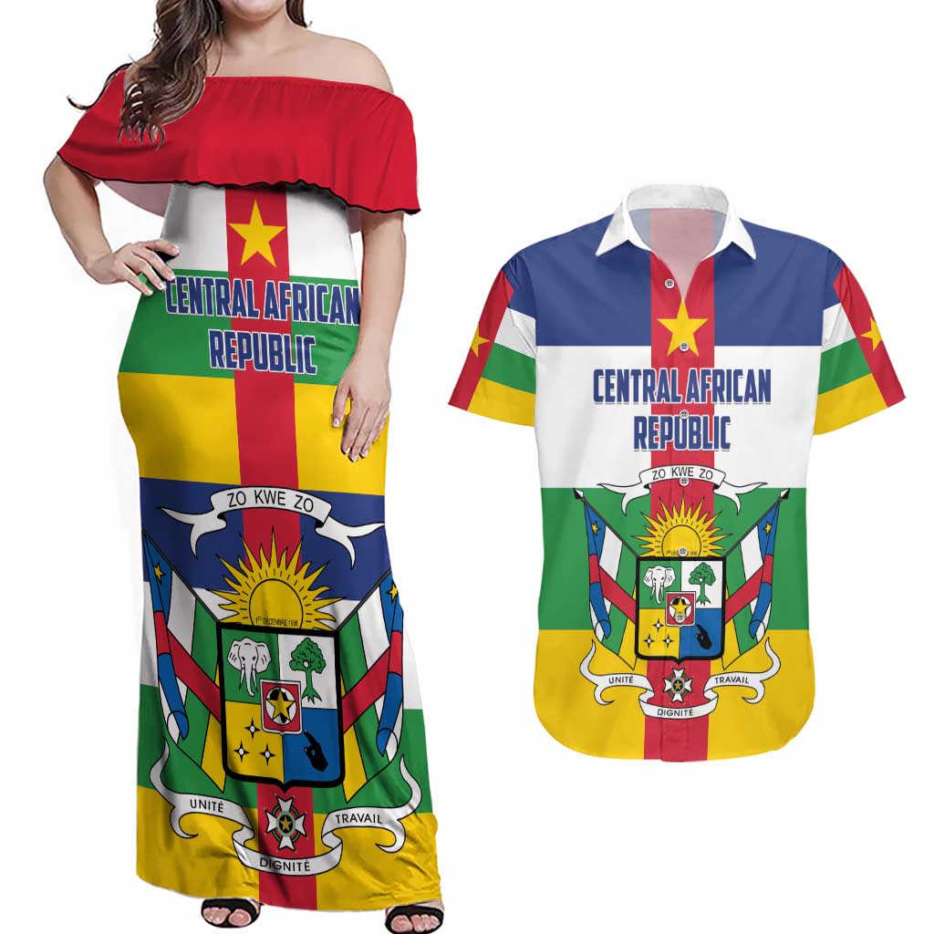 Personalized Central African Republic Couples Matching Off Shoulder Maxi Dress and Hawaiian Shirt Zo Kwe Zo Flag Style - Shopicos