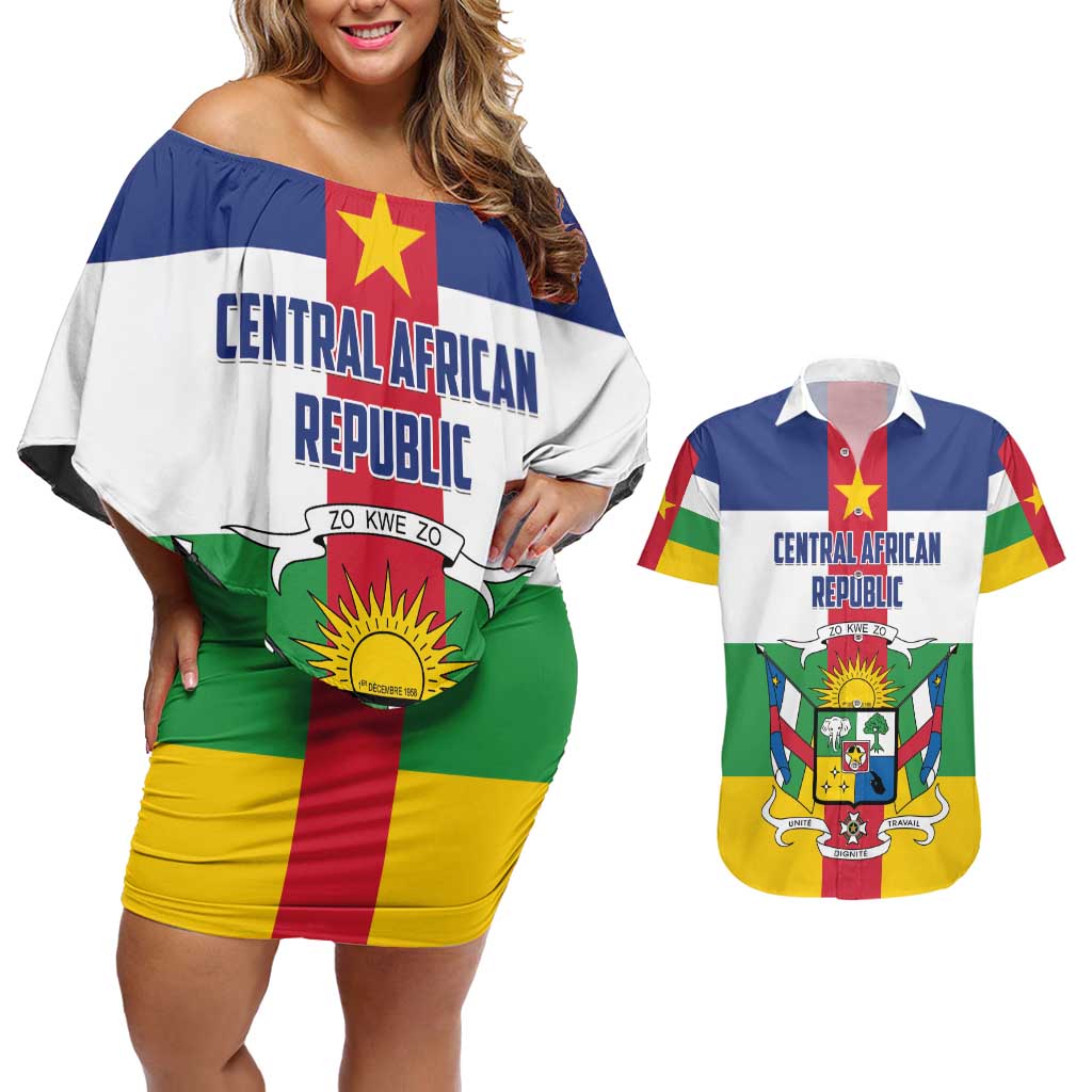 Personalized Central African Republic Couples Matching Off Shoulder Short Dress and Hawaiian Shirt Zo Kwe Zo Flag Style - Shopicos