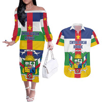 Personalized Central African Republic Couples Matching Off The Shoulder Long Sleeve Dress and Hawaiian Shirt Zo Kwe Zo Flag Style - Shopicos