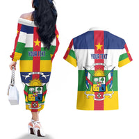 Personalized Central African Republic Couples Matching Off The Shoulder Long Sleeve Dress and Hawaiian Shirt Zo Kwe Zo Flag Style - Shopicos