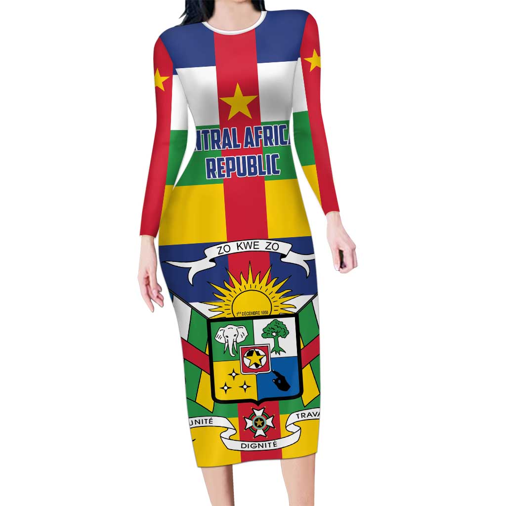 Personalized Central African Republic Long Sleeve Bodycon Dress Zo Kwe Zo Flag Style - Shopicos