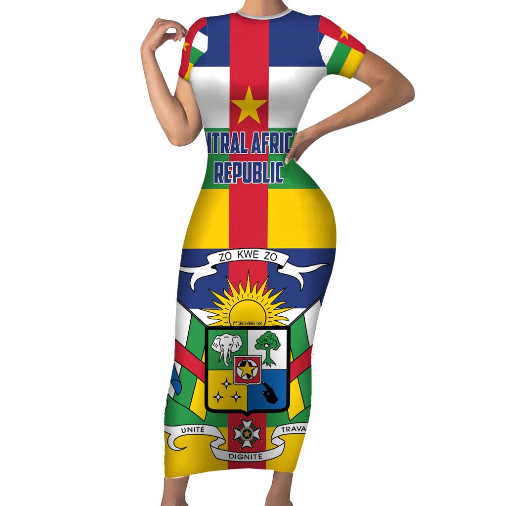 Personalized Central African Republic Short Sleeve Bodycon Dress Zo Kwe Zo Flag Style - Shopicos