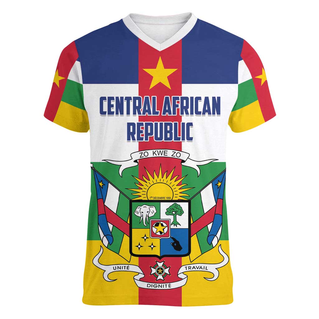 Personalized Central African Republic Women V-Neck T-Shirt Zo Kwe Zo Flag Style - Shopicos