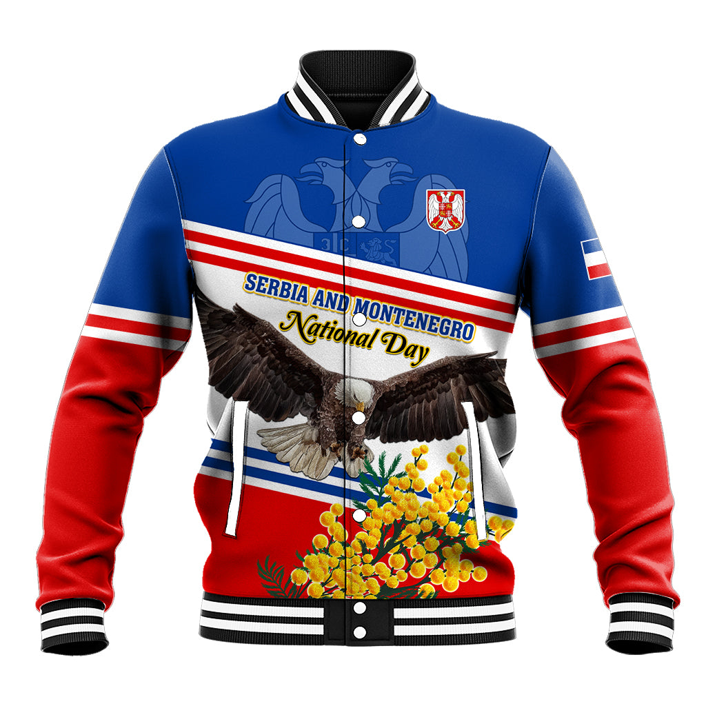Serbia and Montenegro National Day Baseball Jacket Eagle With Mimosa Flower - Shopicos