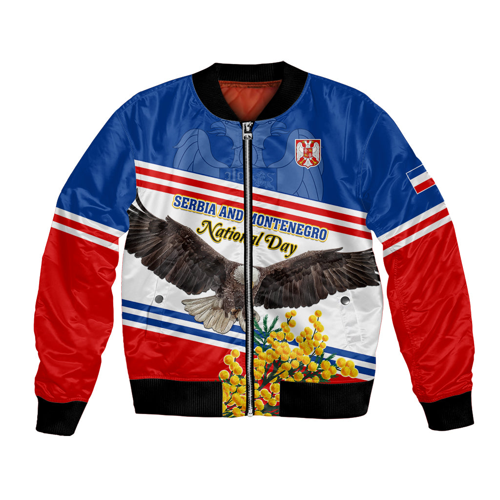 Serbia and Montenegro National Day Bomber Jacket Eagle With Mimosa Flower - Shopicos