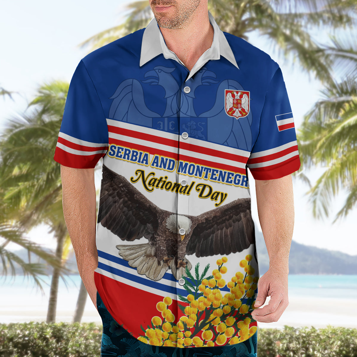 Serbia and Montenegro National Day Hawaiian Shirt Eagle With Mimosa Flower - Shopicos