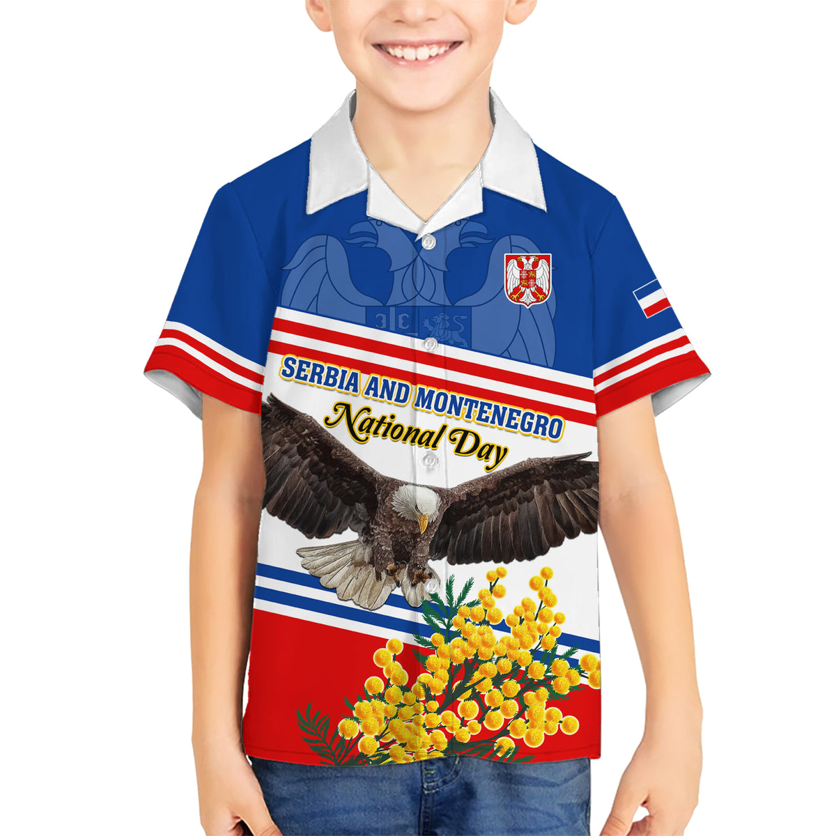 Serbia and Montenegro National Day Hawaiian Shirt Eagle With Mimosa Flower - Shopicos