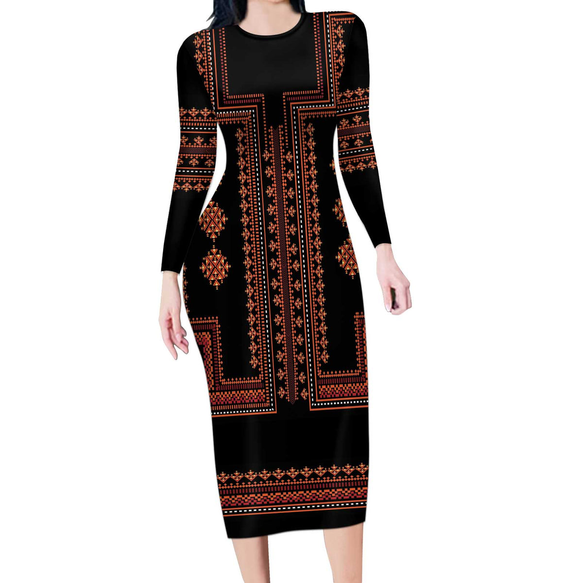 Bulgaria Traditional Pattern Red Long Sleeve Bodycon Dress Balkan Culture - Shopicos