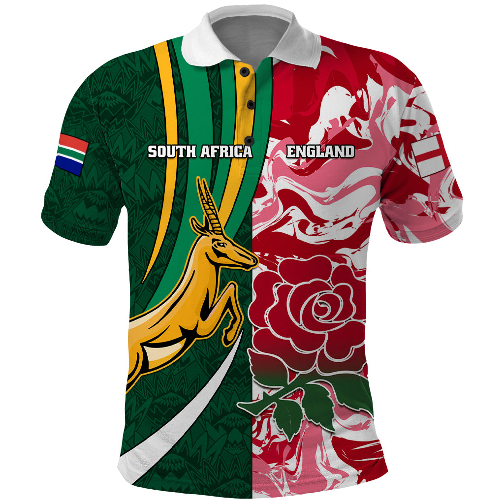 Custom South Africa and England Rugby Polo Shirt The Red Rose Protea Pattern - Shopicos