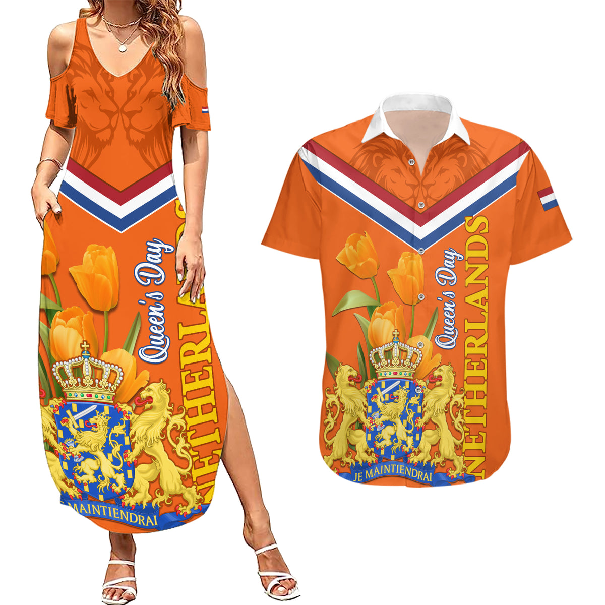 Netherlands Queen Day 2024 Couples Matching Summer Maxi Dress and Hawaiian Shirt Nederland Koningsdag Orange Tulips - Shopicos