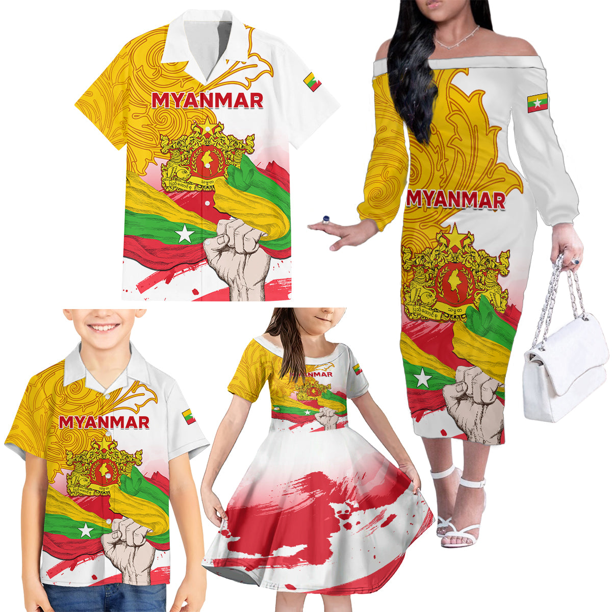 Myanmar Independence Day Family Matching Off Shoulder Long Sleeve Dress and Hawaiian Shirt Brahmadesh Kanote Pattern - Shopicos