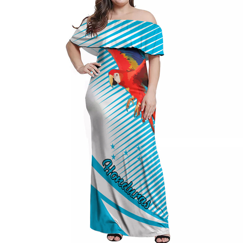 Personalised Honduras Off Shoulder Maxi Dress Coat Of Arms With Scarlet Macaw - Shopicos