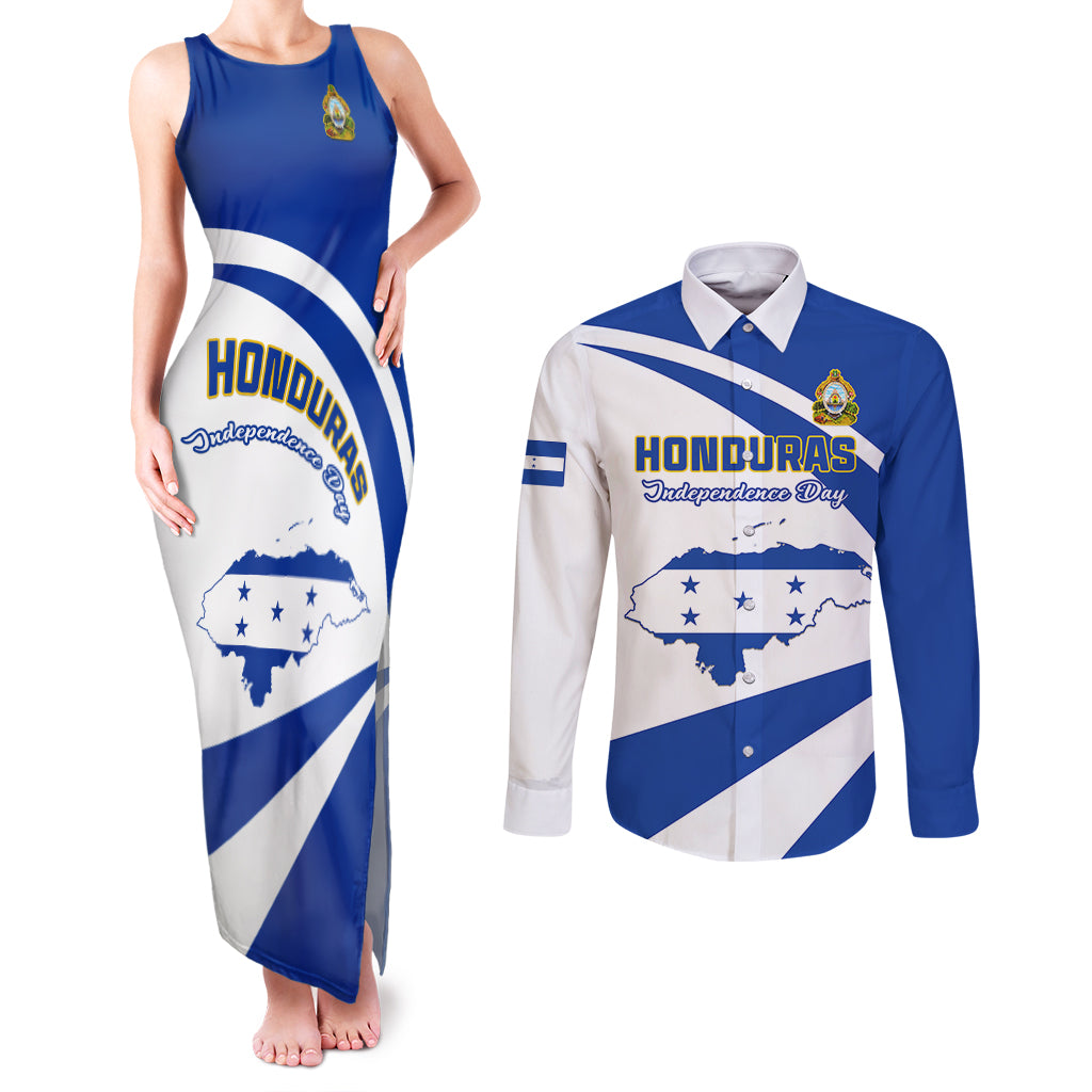 Personalised Honduras Independence Day Couples Matching Tank Maxi Dress and Long Sleeve Button Shirts Map With Coat Of Arms - Shopicos