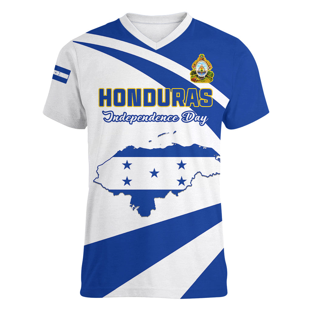 Personalised Honduras Independence Day Women V Neck T Shirt Map With Coat Of Arms - Shopicos