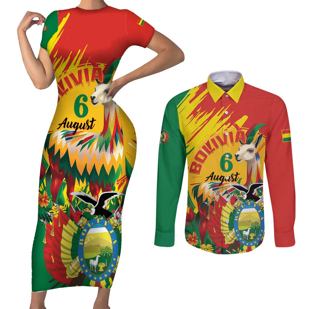 Bolivia Independence Day Couples Matching Short Sleeve Bodycon Dress and Long Sleeve Button Shirt Puliwya Achka Aylluska Mamallaqta - Shopicos