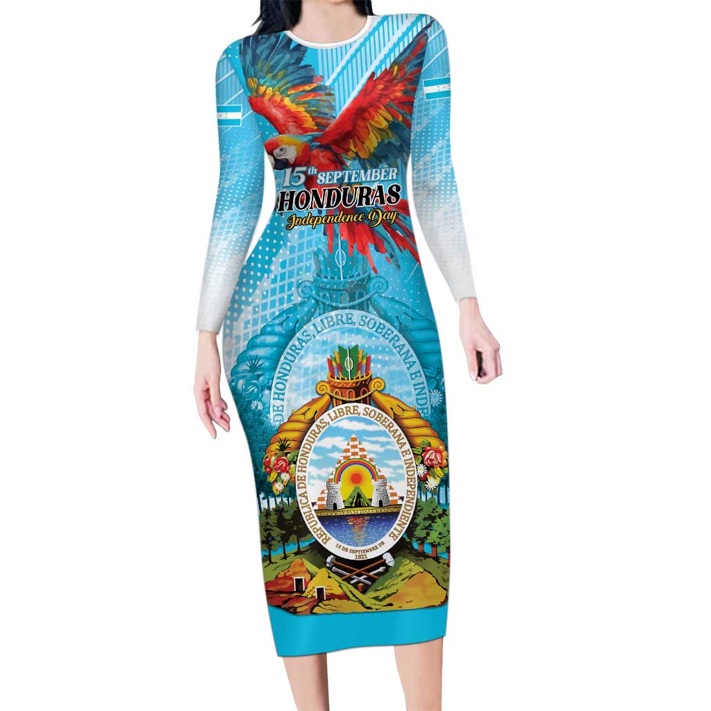 Personalized Honduras Independence Day 1821 Long Sleeve Bodycon Dress Libre Soberana e Independiente - Shopicos