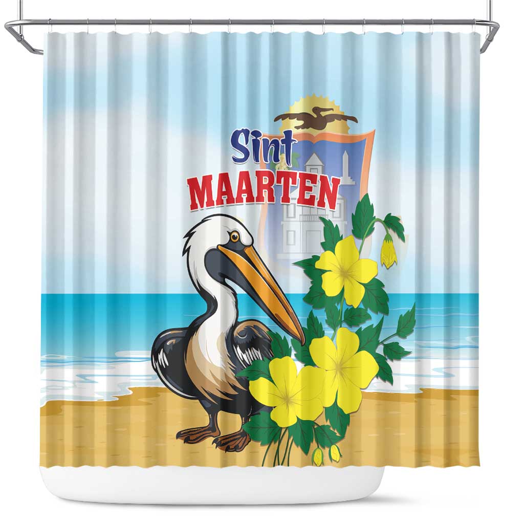 Sint Maarten Shower Curtain Brown Pelican With Yellow Sage - Shopicos