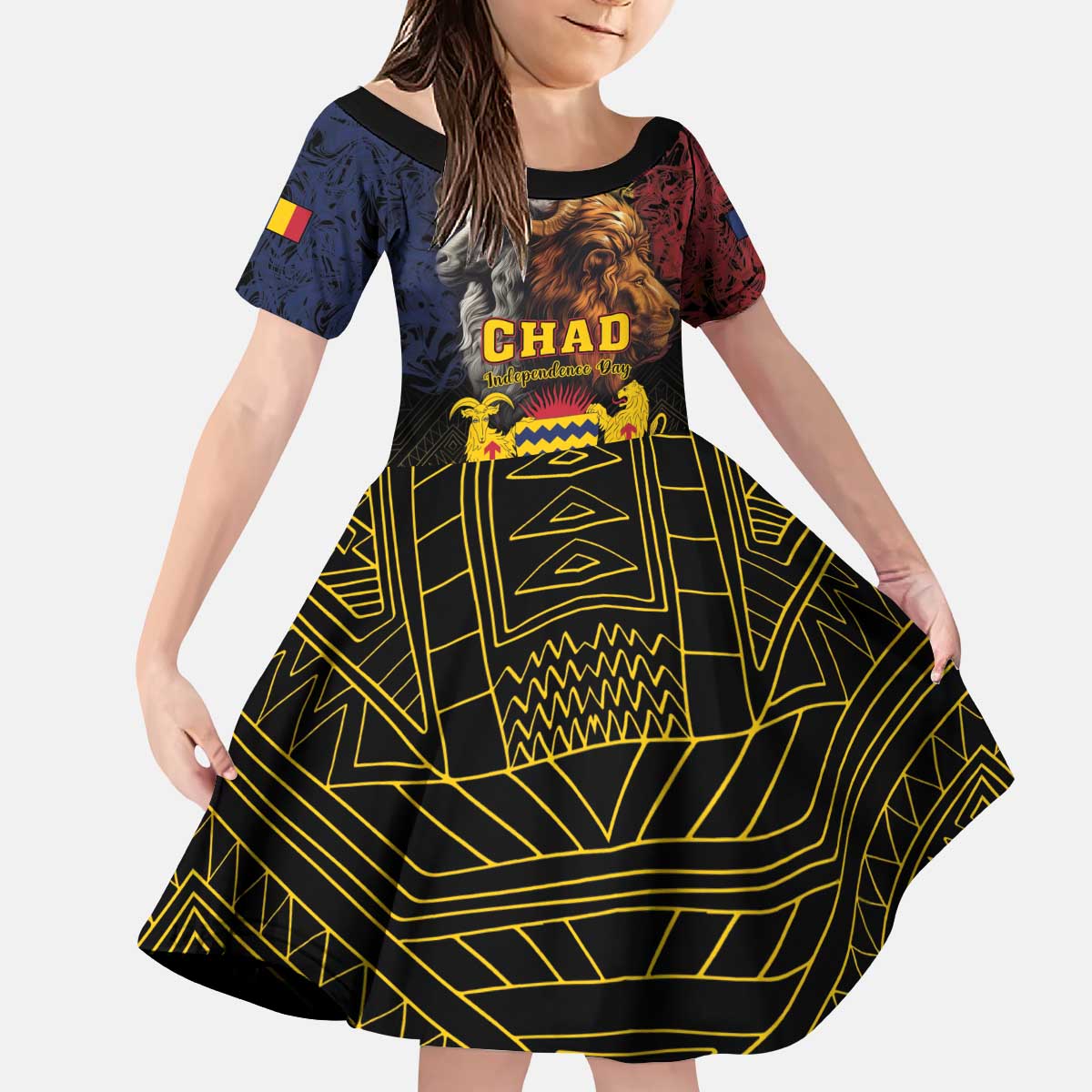 Chad Independence Day 1960 Kid Short Sleeve Dress Tchad Goat and Lion African Pattern - Shopicos
