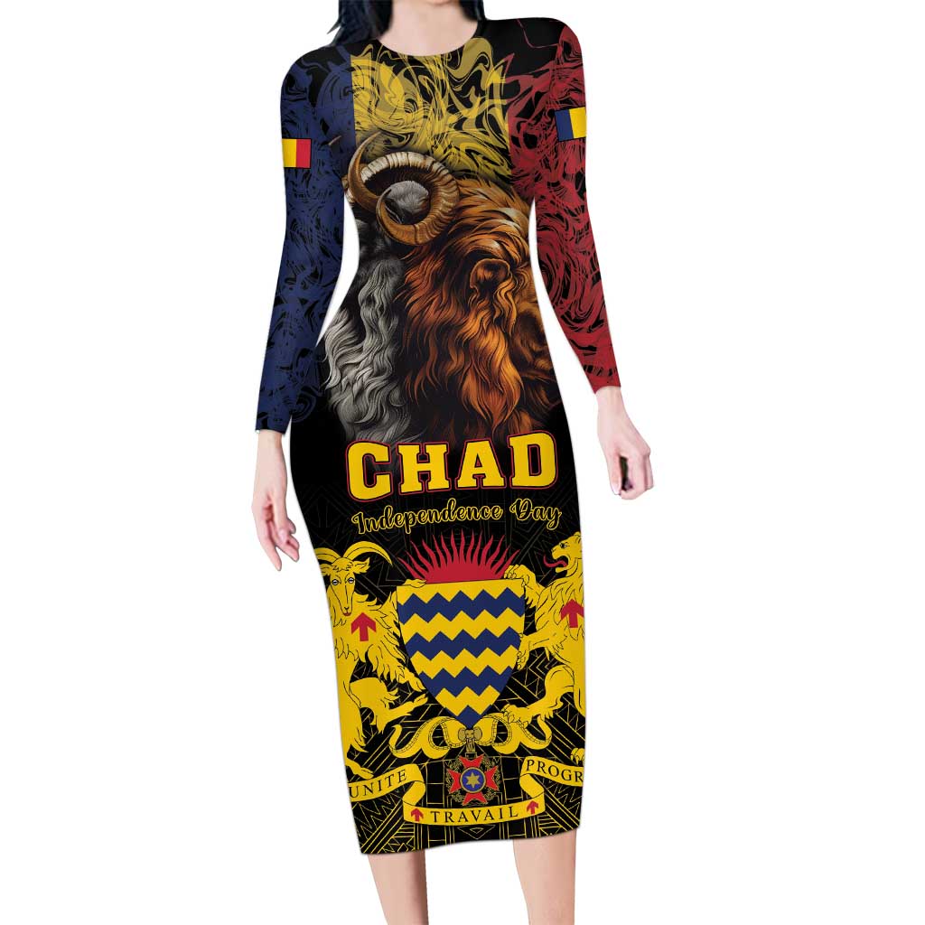 Chad Independence Day 1960 Long Sleeve Bodycon Dress Tchad Goat and Lion African Pattern - Shopicos