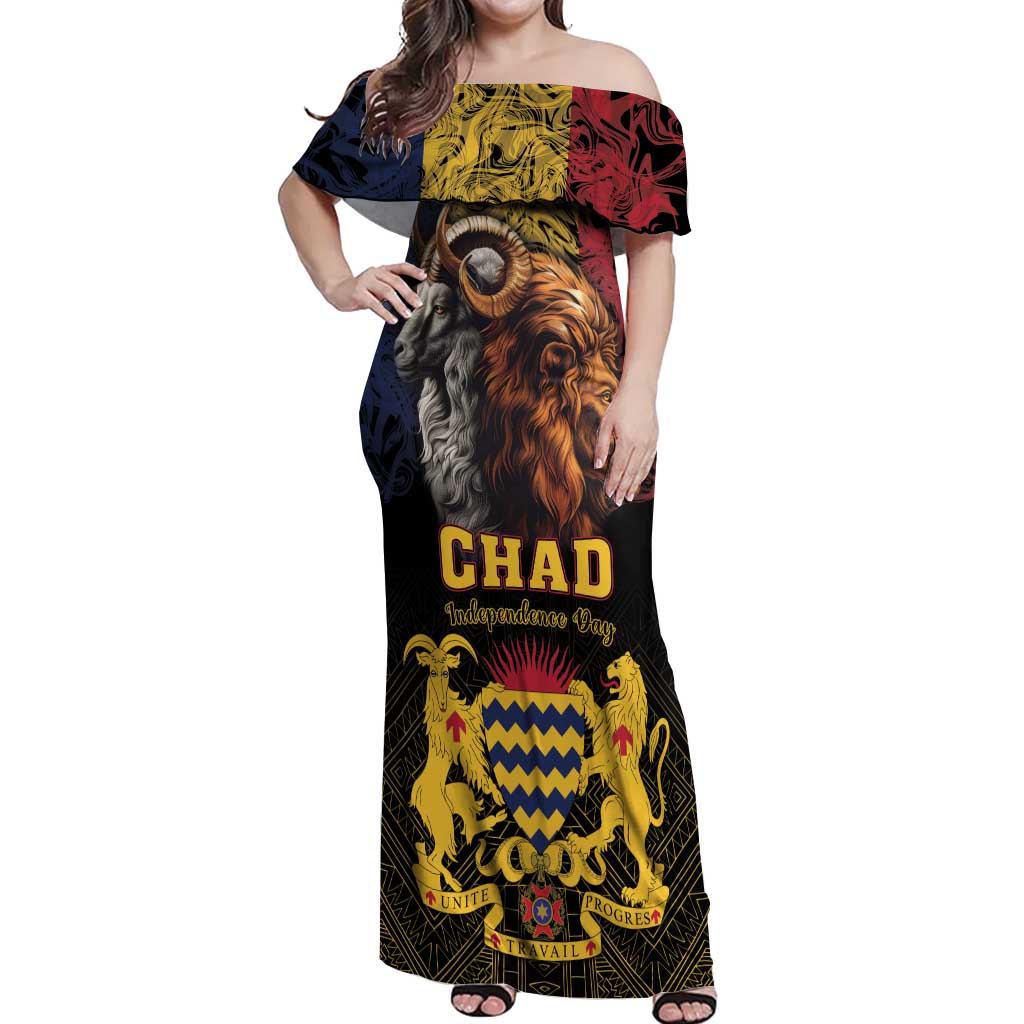 Chad Independence Day 1960 Off Shoulder Maxi Dress Tchad Goat and Lion African Pattern - Shopicos