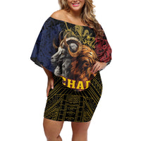 Chad Independence Day 1960 Off Shoulder Short Dress Tchad Goat and Lion African Pattern - Shopicos