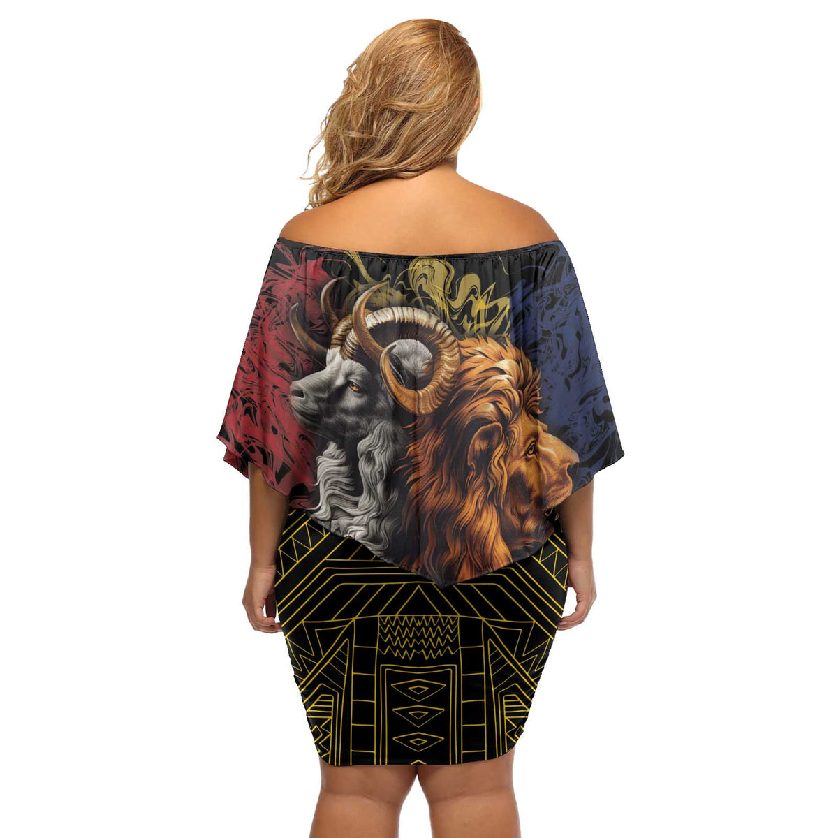 Chad Independence Day 1960 Off Shoulder Short Dress Tchad Goat and Lion African Pattern - Shopicos