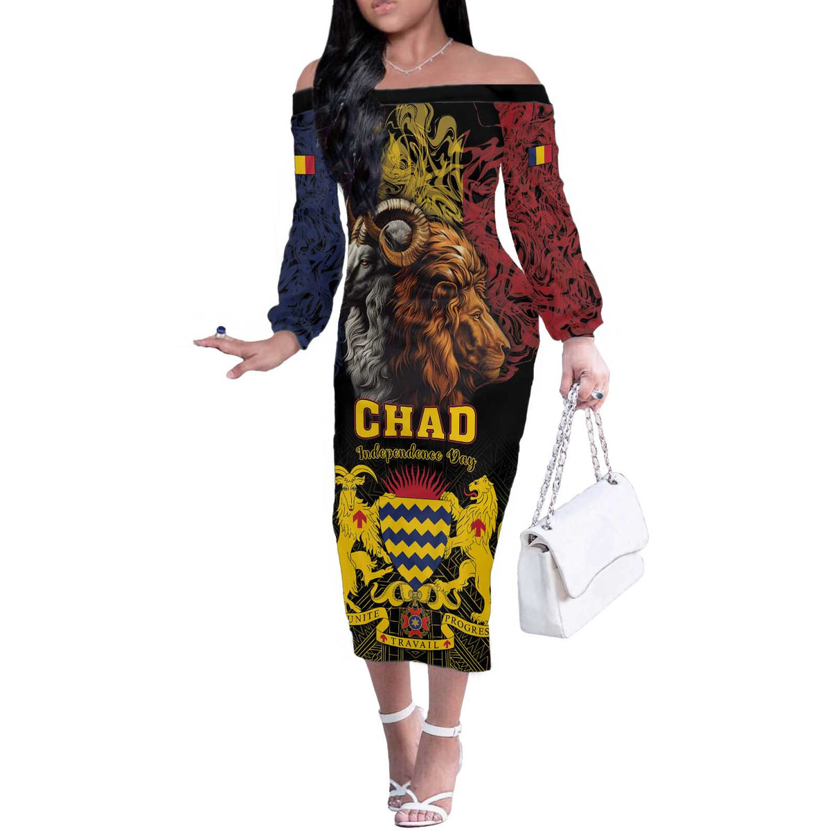 Chad Independence Day 1960 Off The Shoulder Long Sleeve Dress Tchad Goat and Lion African Pattern - Shopicos