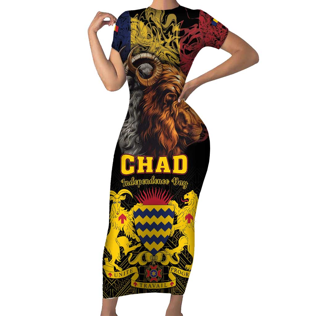Chad Independence Day 1960 Short Sleeve Bodycon Dress Tchad Goat and Lion African Pattern - Shopicos
