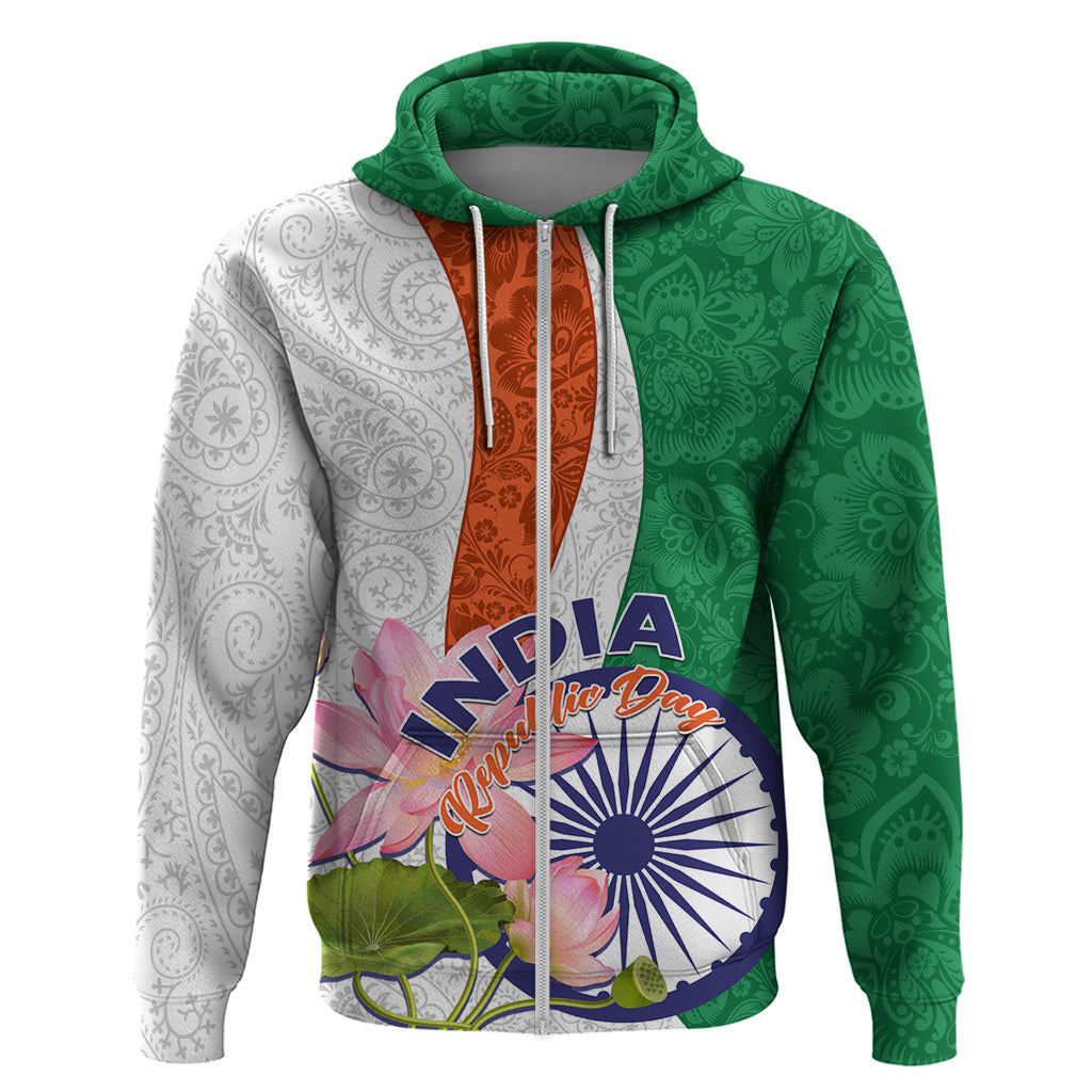 India Republic Day Zip Hoodie Lotus Floral Paisley Pattern - Shopicos