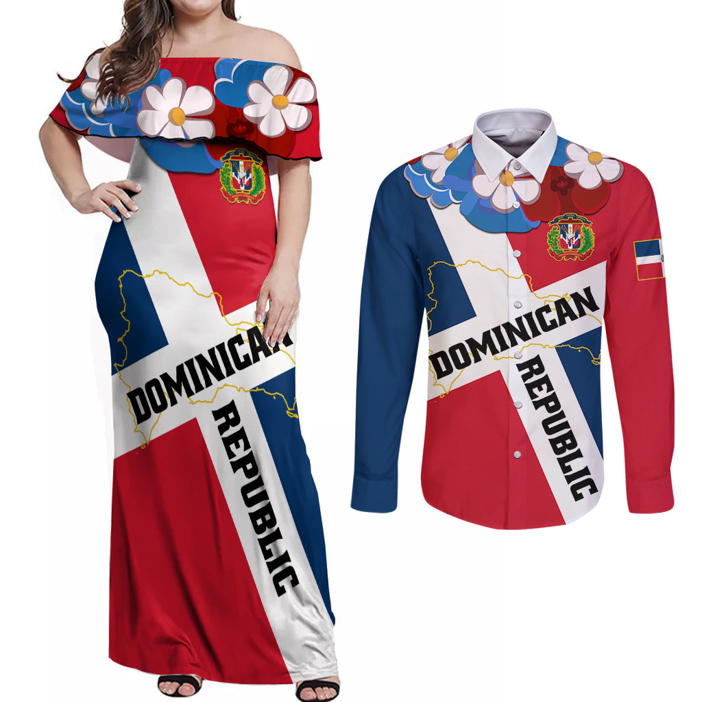Dominican Republic Independence Day Couples Matching Off Shoulder Maxi Dress and Long Sleeve Button Shirt Coat Of Arms Flag Style - Shopicos