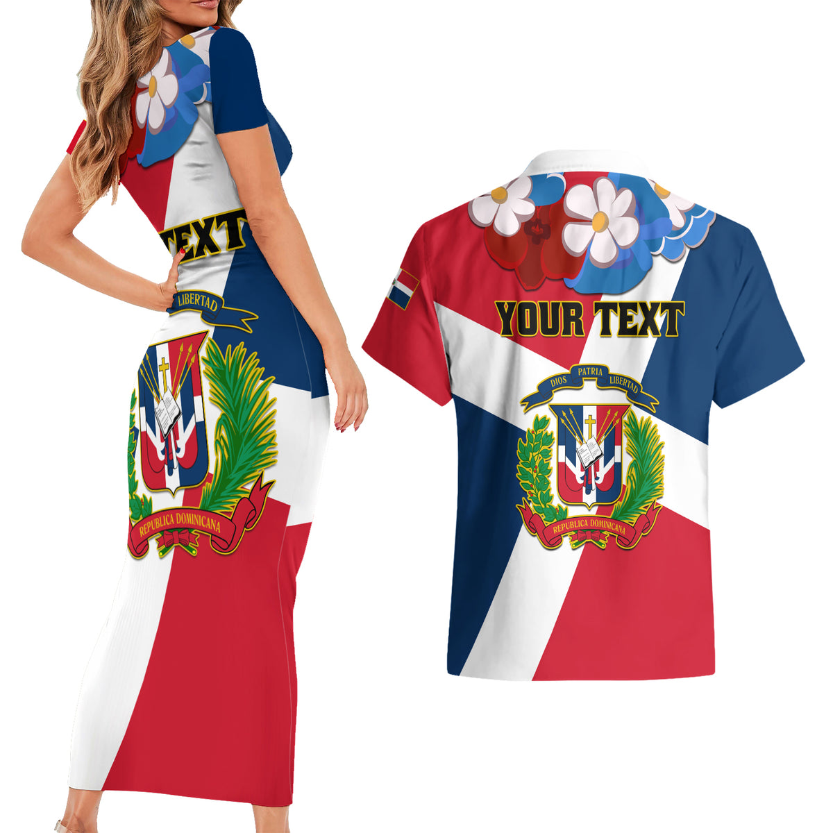Dominican Republic Independence Day Couples Matching Short Sleeve Bodycon Dress and Hawaiian Shirt Coat Of Arms Flag Style - Shopicos