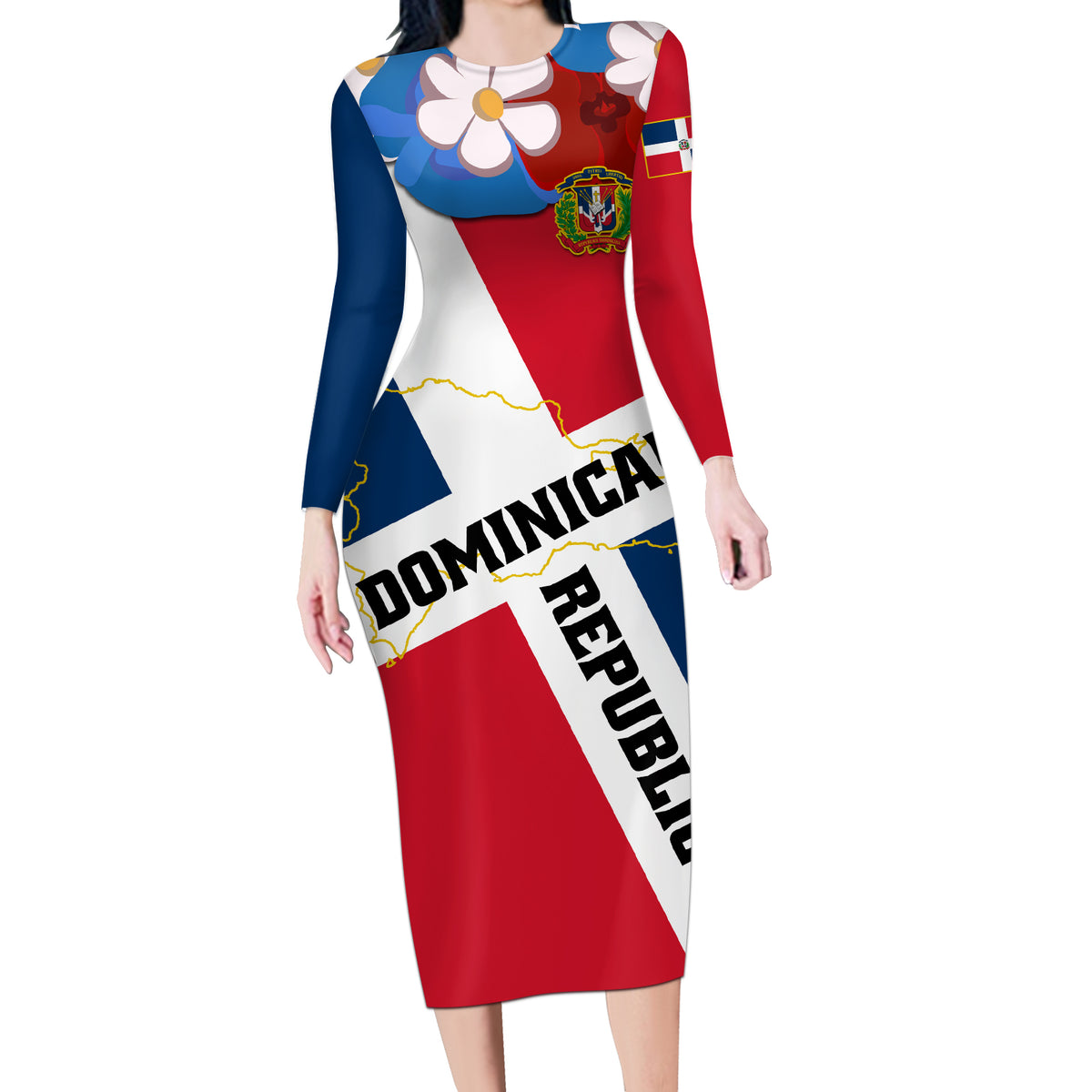 Dominican Republic Independence Day Long Sleeve Bodycon Dress Coat Of Arms Flag Style - Shopicos