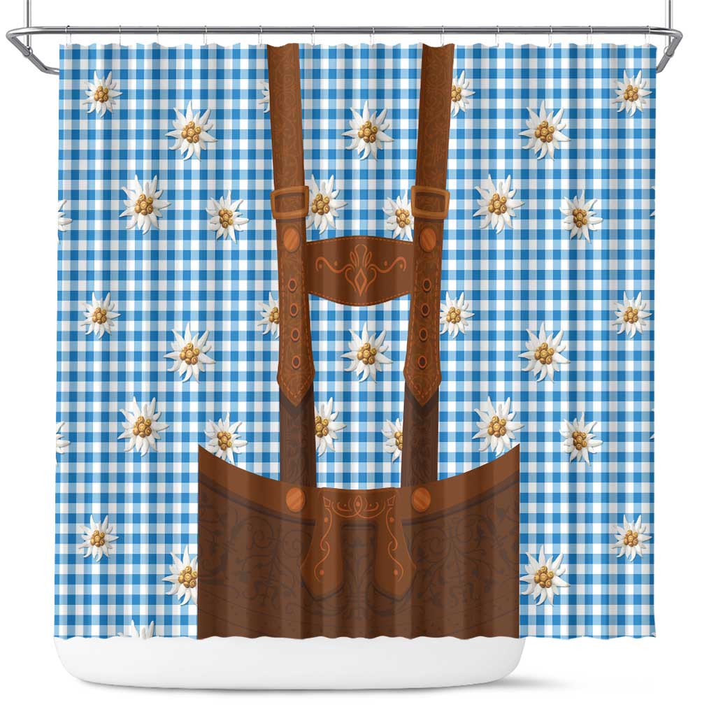 Traditional German Costume - Lederhosen Shower Curtain Blue Plaid Pattern with Edelweiss Flowers - Shopicos